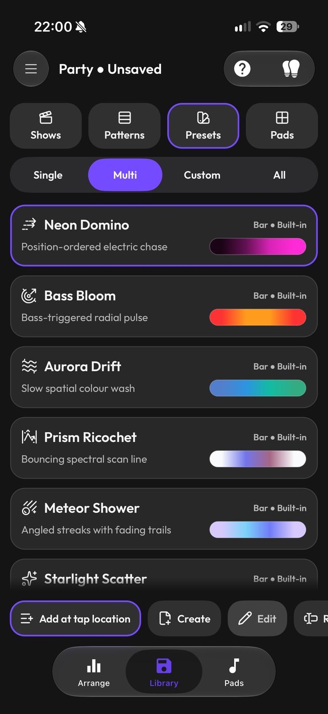 Party library of built-in effect presets