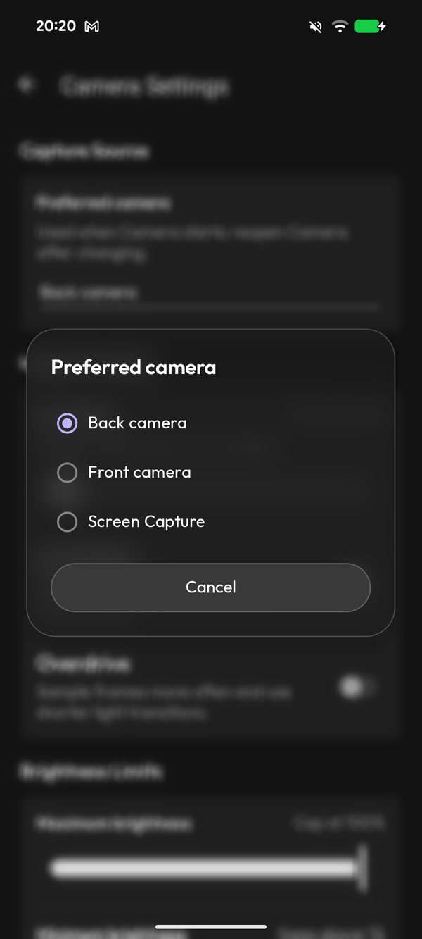 Preferred camera options including Screen Capture