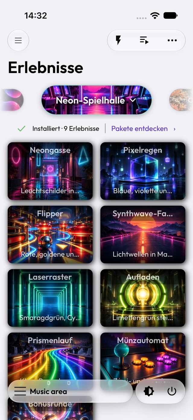 Paket Neon-Spielhalle in der App im hellen Modus