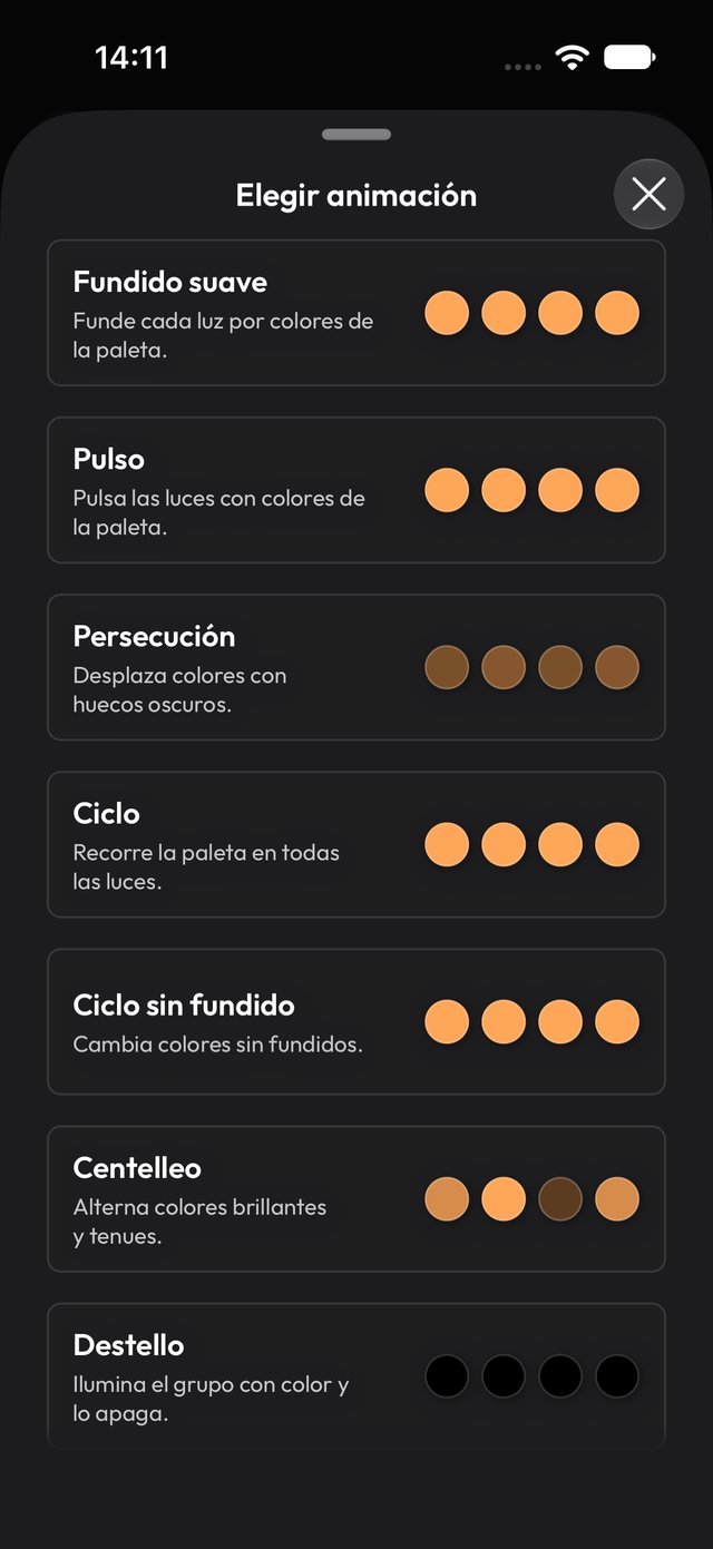 Menú de selección de animación