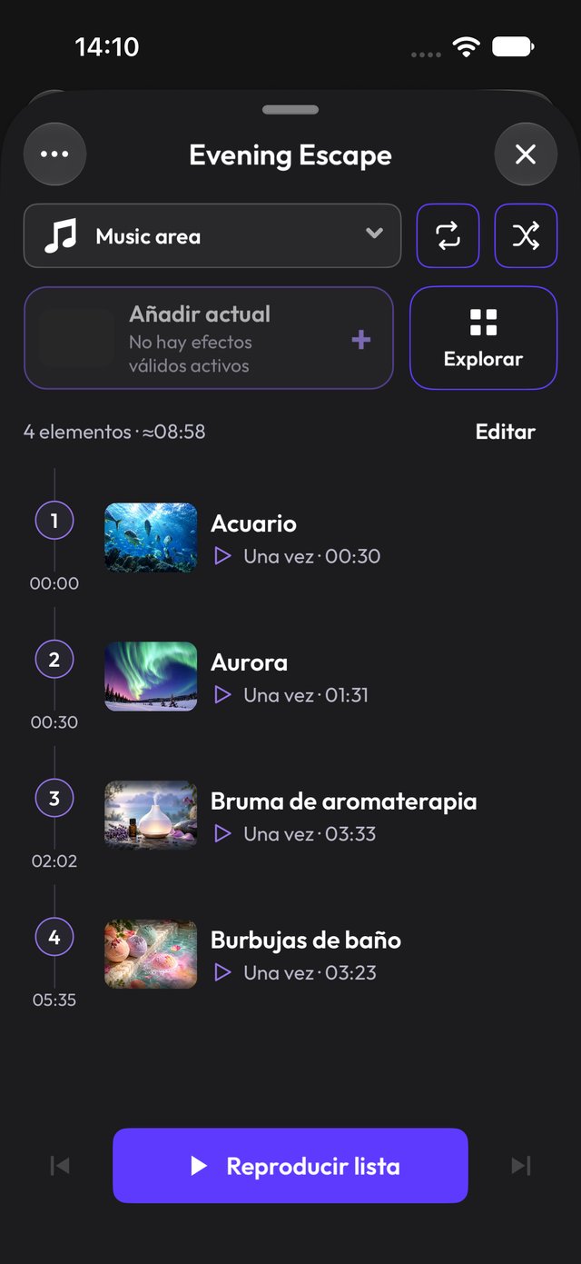 Lista Evening Escape en modo oscuro
