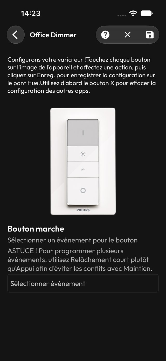Programmation du bouton Marche de l’Office Dimmer