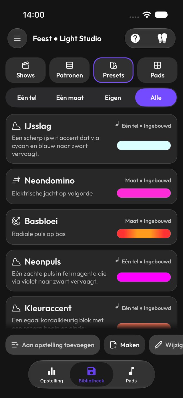 Party-bibliotheek met ingebouwde effectvoorinstellingen